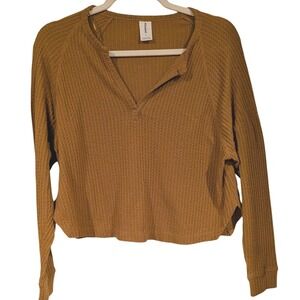 Abound Womens Rust Brown Waffle Knit Cropped Henley Long Sleeve Top Small